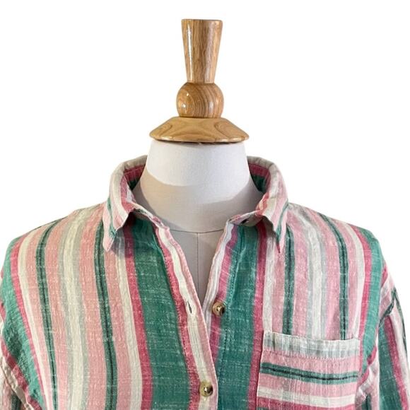 Unique Spectrum Cotton Pastel Striped 3/4 Sleeve Button Down Shirt, Pocket, S - Picture 2 of 13
